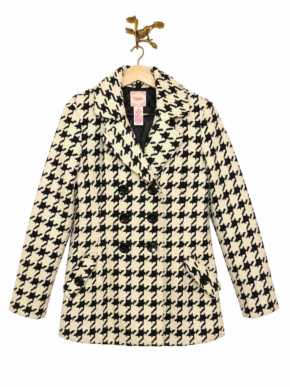 Candie's Cream & Black Houndstooth Peacoat Double Breasted Coat Classic Preppy - Picture 2 of 11